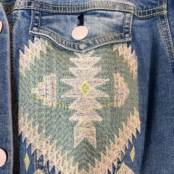 Western Embroidered Denim Jacket Blue Green Aztec Print Small - Picture 7 of 10